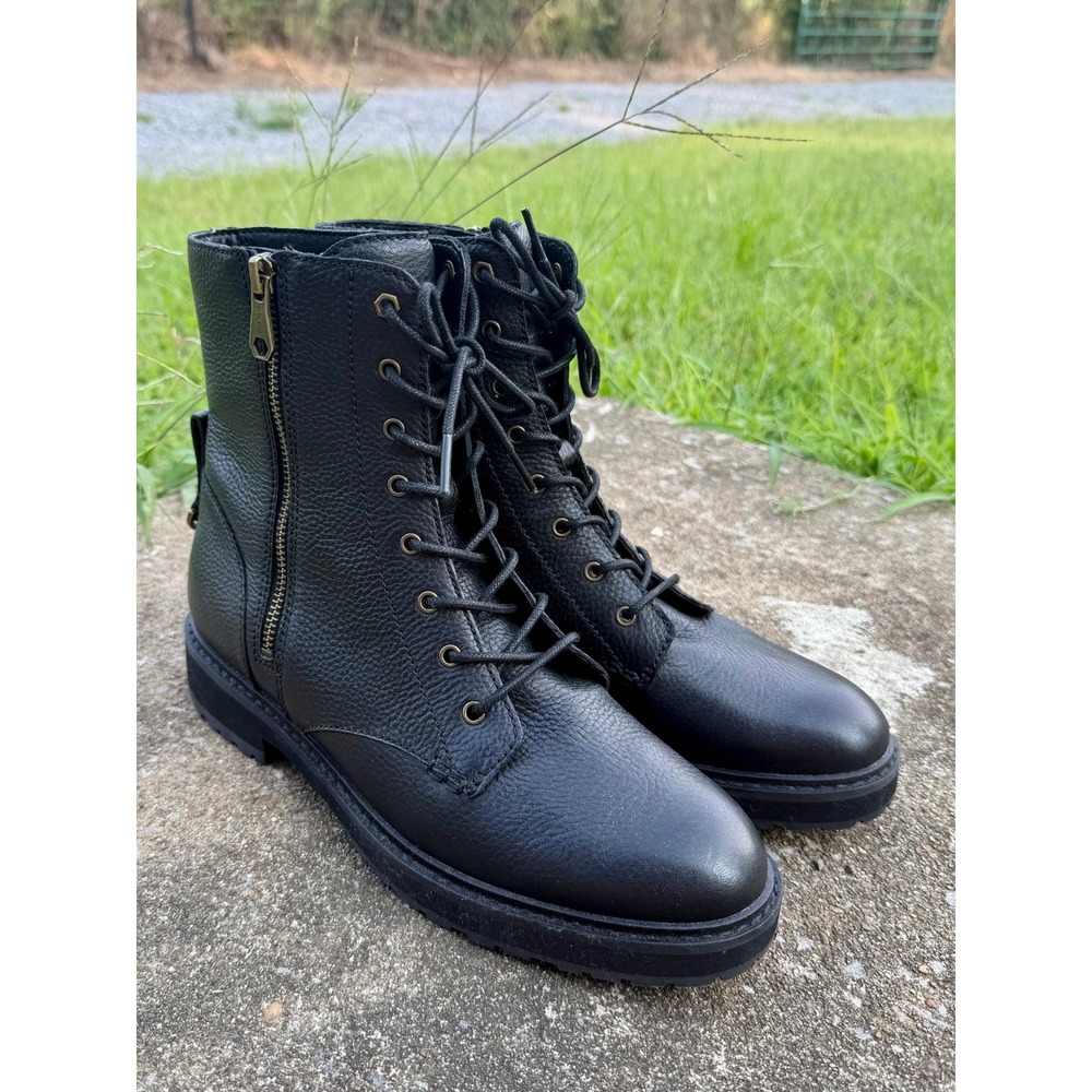 Cole Haan Grand OS Black Pebbled Leather Lace Up Side Zip Combat Boots W26376 9B